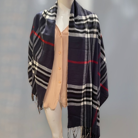 NYC ~ Navy blue Scarf  plaid fringed "Baby its Cold Outside"  ~ Multi Ways Wear - Picture 1 of 3